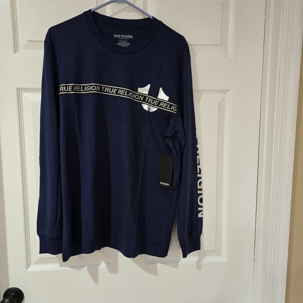 True Religion Men's Foil Taping Long Sleeve T-Shirt Blue Size L New with Tags